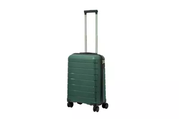 20 inch dark green hard shell luggage with horizontal ribbed bands, front view