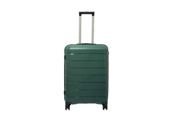 24 inch dark green hard shell luggage with horizontal ribbed bands, front view