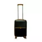 20 inch black hard shell luggage with a tan accent band and top handle, front view