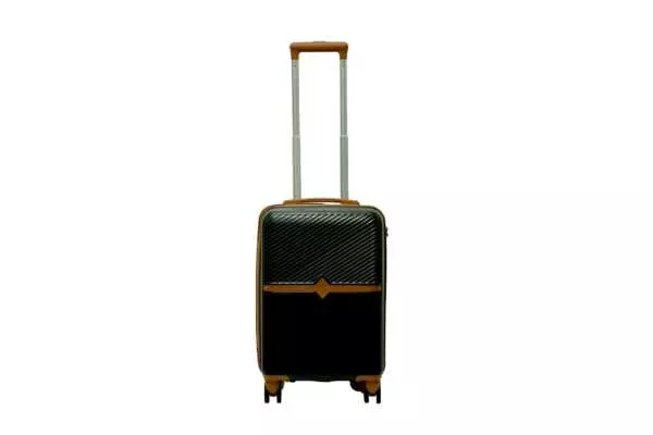 20 inch black hard shell luggage with a tan accent band and top handle, front view