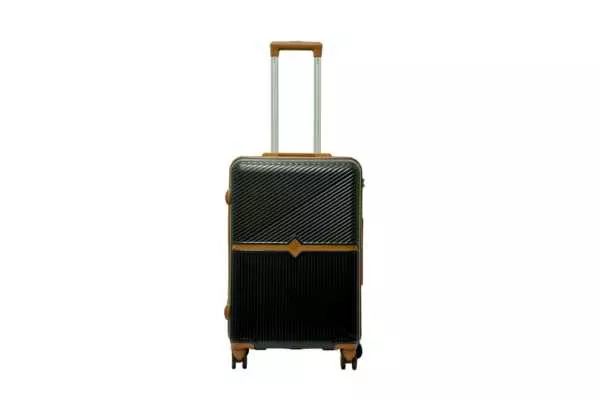 24 inch black hard shell luggage with a tan accent band and top handle, front view