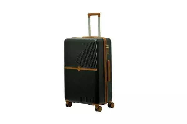 28 inch black hard shell luggage with a tan accent band and top handle, side view with four wheels