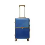 24 inch blue hard shell luggage with a tan accent band and top handle, front view