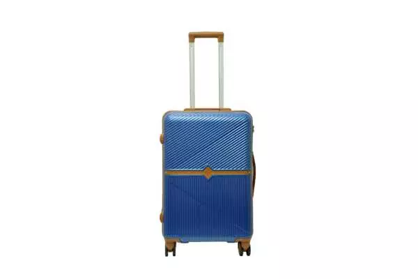 24 inch blue hard shell luggage with a tan accent band and top handle, front view