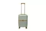 20 inch silver hard shell luggage with a tan accent band and top handle, front view
