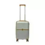 20 inch silver hard shell luggage with a tan accent band and top handle, front view