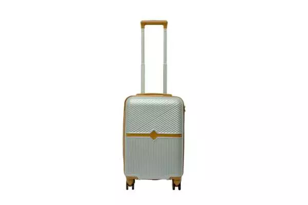 20 inch silver hard shell luggage with a tan accent band and top handle, front view