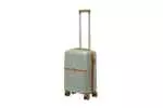 20 inch silver hard shell luggage with a tan accent band and top handle, side view with four wheels