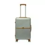 24 inch silver hard shell luggage with a tan accent band and top handle, front view