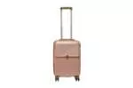 20 inch rose gold hard shell luggage with a tan accent band and top handle, front view