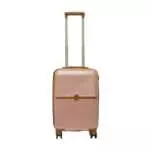 20 inch rose gold hard shell luggage with a tan accent band and top handle, front view