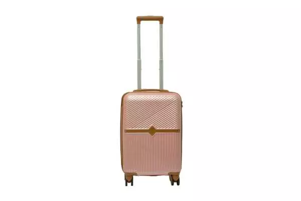20 inch rose gold hard shell luggage with a tan accent band and top handle, front view