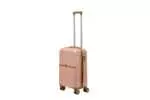 20 inch rose gold hard shell luggage with a tan accent band and top handle, side view with four wheels