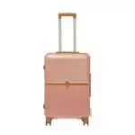 24 inch rose gold hard shell luggage with a tan accent band and top handle, front view