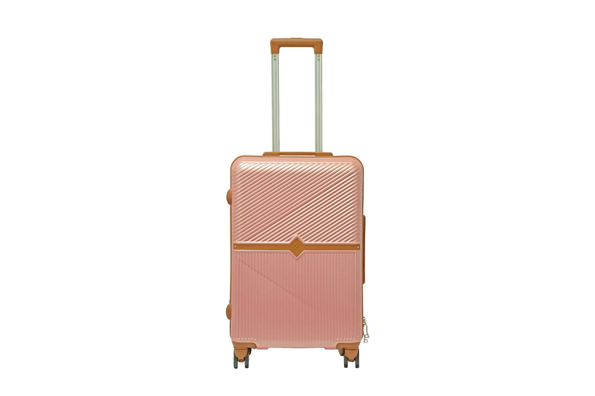 28270 copy 24 inch rose gold hard shell luggage with a tan accent band and top handle, front view
