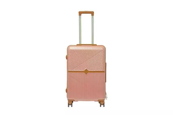 24 inch rose gold hard shell luggage with a tan accent band and top handle, front view