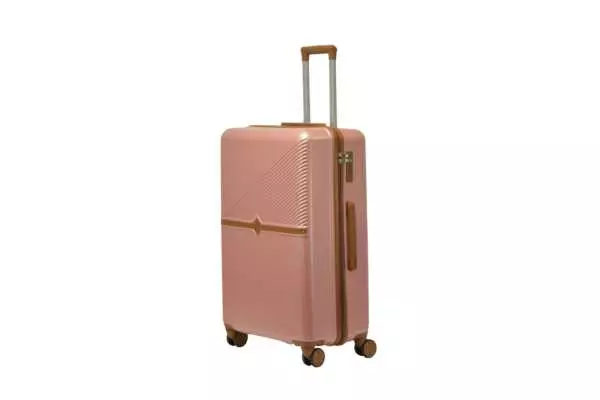 28 inch rose gold hard shell luggage with a tan accent band and top handle, side view with four wheels