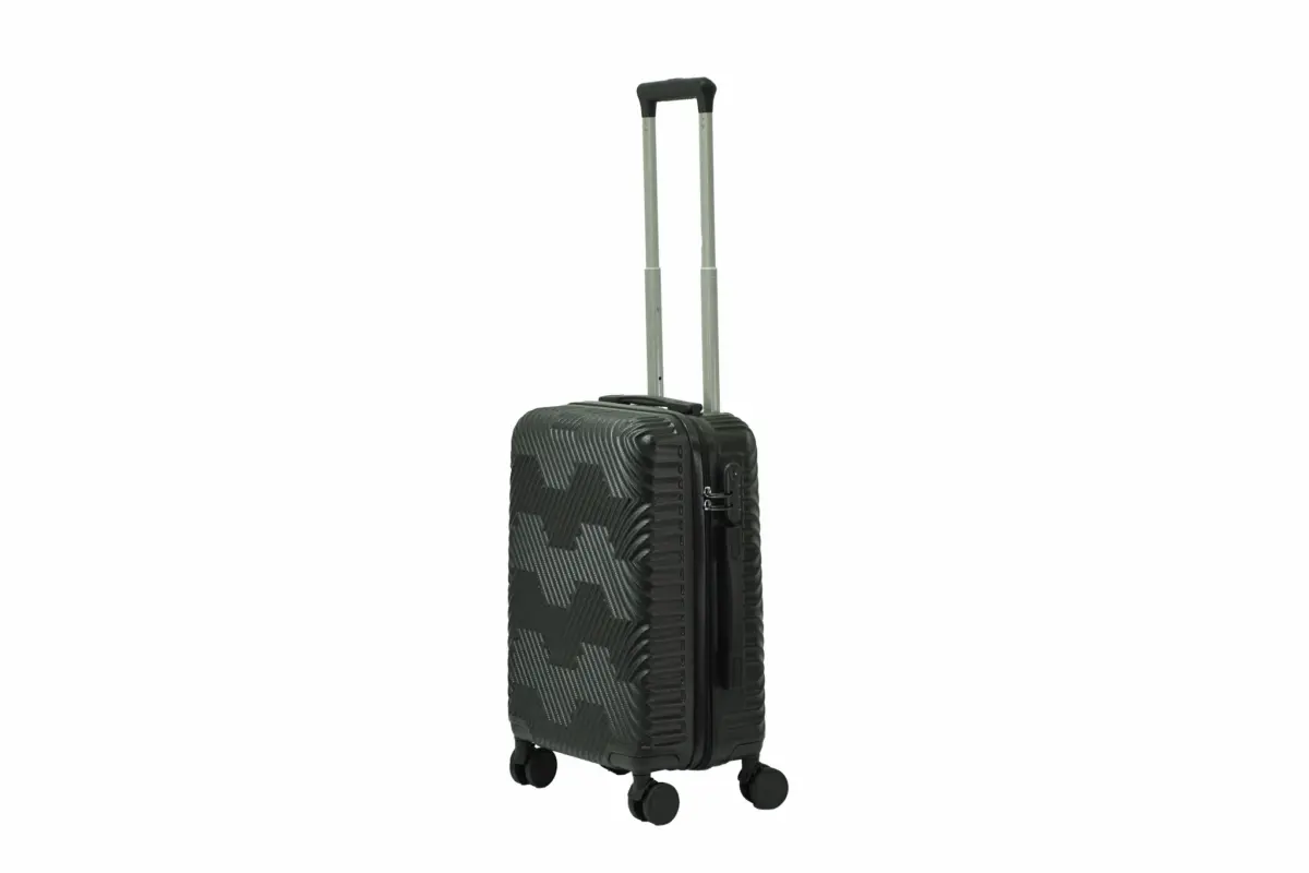 20 inch black hard shell luggage with a geometric zigzag pattern, side view with four wheels