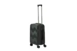 20 inch black hard shell luggage with a geometric zigzag pattern, side view with four wheels