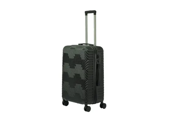 24 inch black hard shell luggage with a geometric zigzag pattern, front view