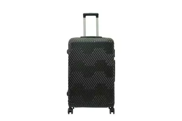 28 inch black hard shell luggage with a geometric zigzag pattern, front view