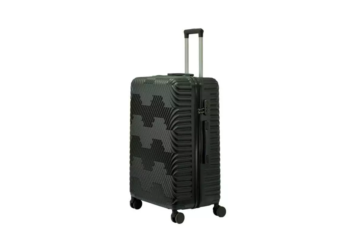 28 inch black hard shell luggage with a geometric zigzag pattern, side view with four wheels
