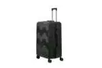 28 inch black hard shell luggage with a geometric zigzag pattern, side view with four wheels