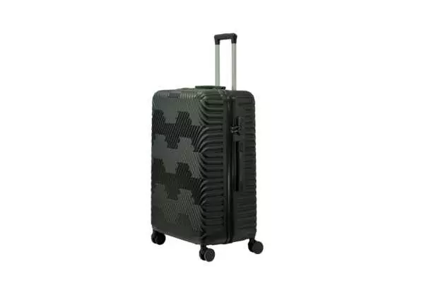 28 inch black hard shell luggage with a geometric zigzag pattern, side view with four wheels