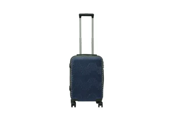 20 inch dark blue hard shell luggage with a geometric zigzag pattern, front view