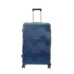 28 inch dark blue hard shell luggage with a geometric zigzag pattern, front view
