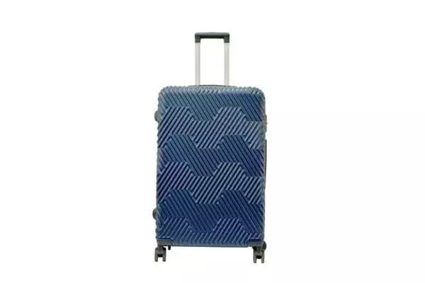 28 inch dark blue hard shell luggage with a geometric zigzag pattern, front view