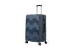 28 inch dark blue hard shell luggage with a geometric zigzag pattern, side view with four wheels