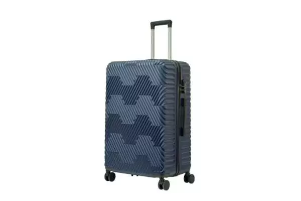 28 inch dark blue hard shell luggage with a geometric zigzag pattern, side view with four wheels