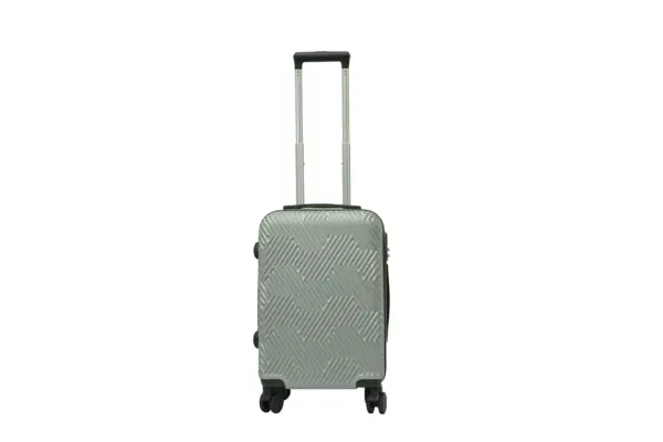 20 inch silver hard shell luggage with a geometric zigzag pattern, front view