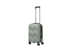 20 inch silver hard shell luggage with a geometric zigzag pattern, side view with four wheels