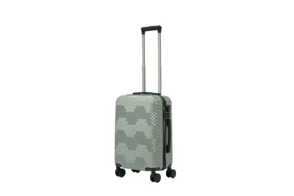 20 inch silver hard shell luggage with a geometric zigzag pattern, side view with four wheels