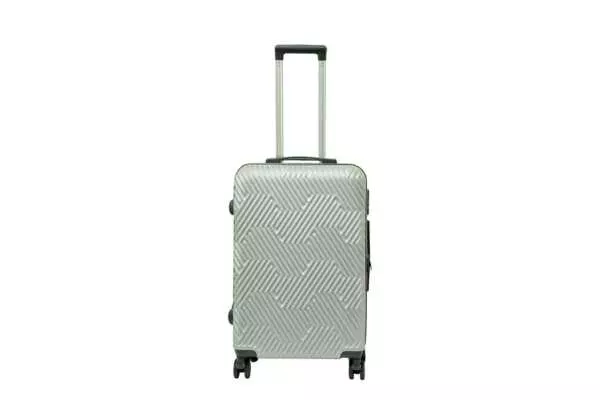 24 inch silver hard shell luggage with a geometric zigzag pattern, front view