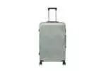 28 inch silver hard shell luggage with a geometric zigzag pattern, front view