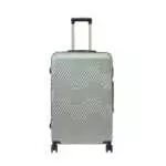 28 inch silver hard shell luggage with a geometric zigzag pattern, front view