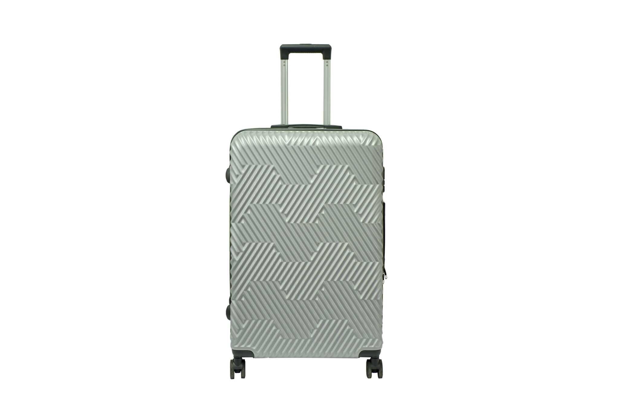 28280 copy 28 inch silver hard shell luggage with a geometric zigzag pattern, front view