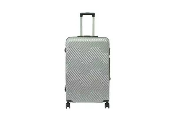 28 inch silver hard shell luggage with a geometric zigzag pattern, front view
