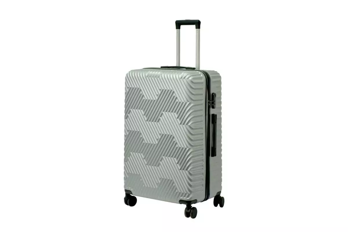 28 inch silver hard shell luggage with a geometric zigzag pattern, side view with four wheels