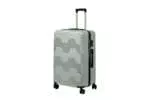 28 inch silver hard shell luggage with a geometric zigzag pattern, side view with four wheels