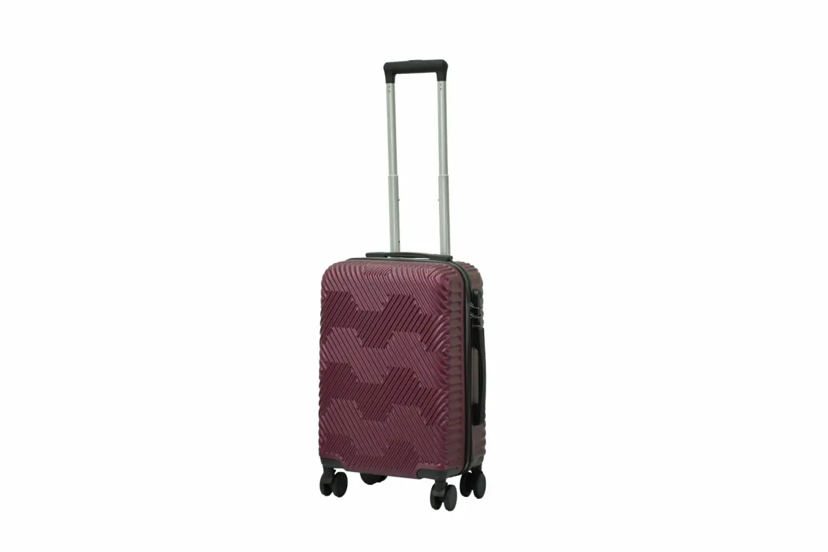 20 inch maroon hard shell luggage with a geometric zigzag pattern, side view with four wheels