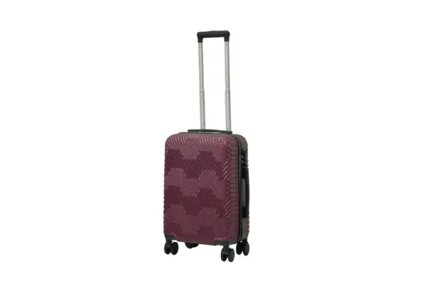 20 inch maroon hard shell luggage with a geometric zigzag pattern, side view with four wheels