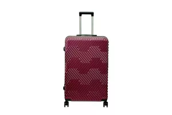 28 inch maroon hard shell luggage with a geometric zigzag pattern, front view