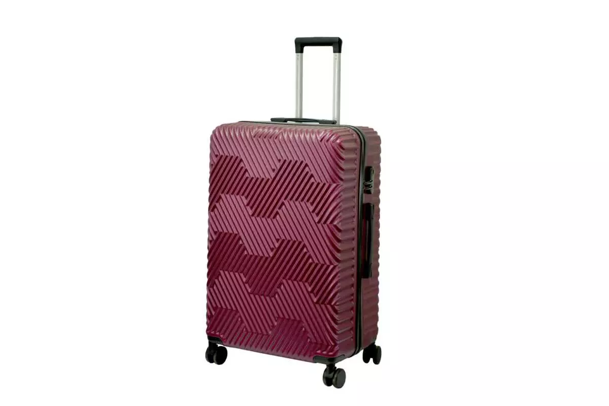 28 inch maroon hard shell luggage with a geometric zigzag pattern, side view with four wheels