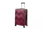 28 inch maroon hard shell luggage with a geometric zigzag pattern, side view with four wheels