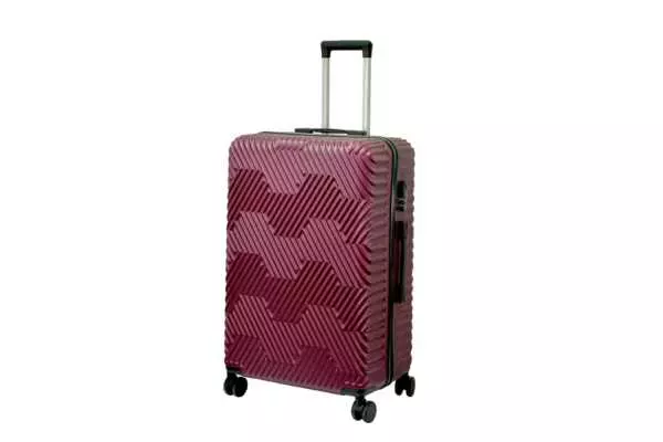 28 inch maroon hard shell luggage with a geometric zigzag pattern, side view with four wheels