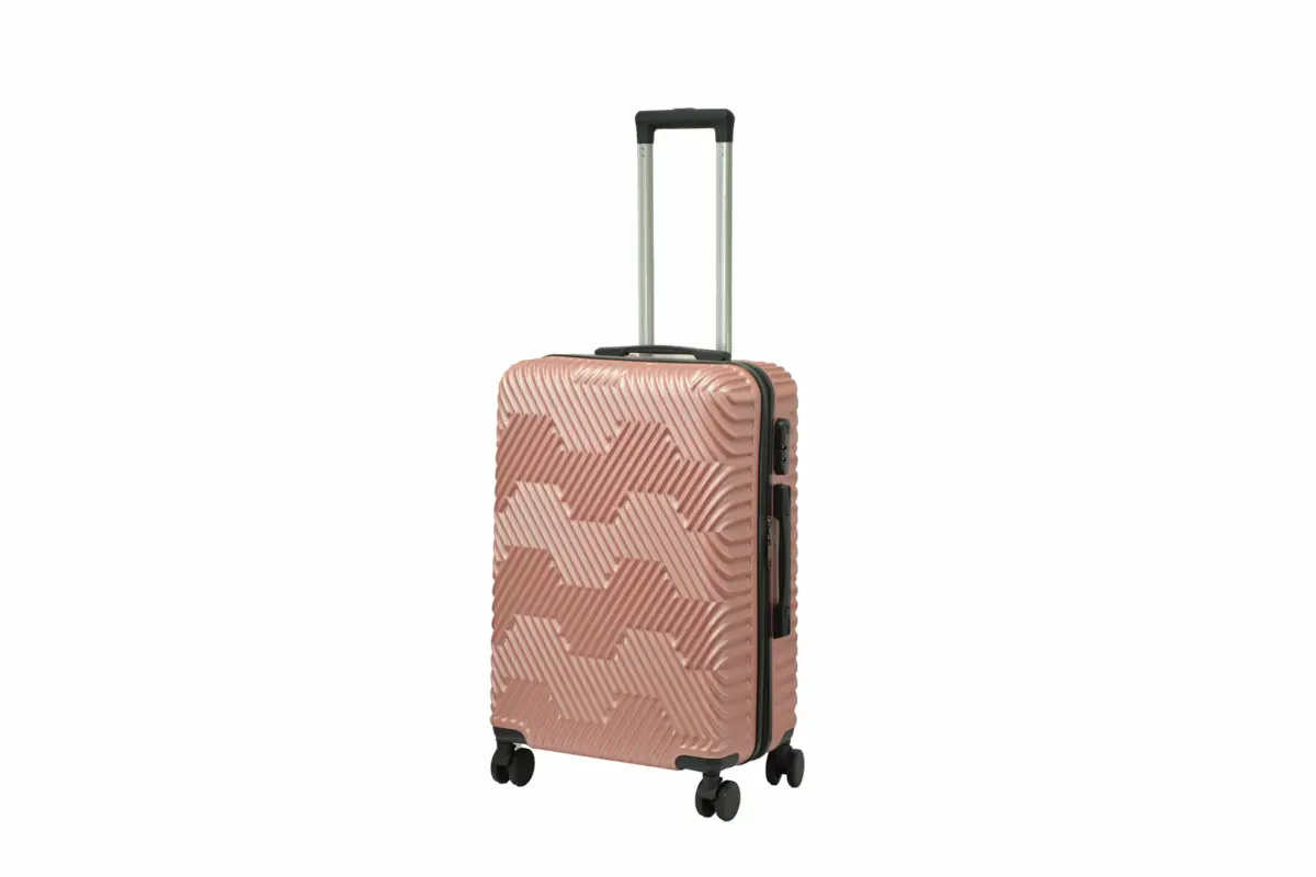 24 inch rose gold hard shell luggage with a geometric zigzag pattern, side view with four wheels